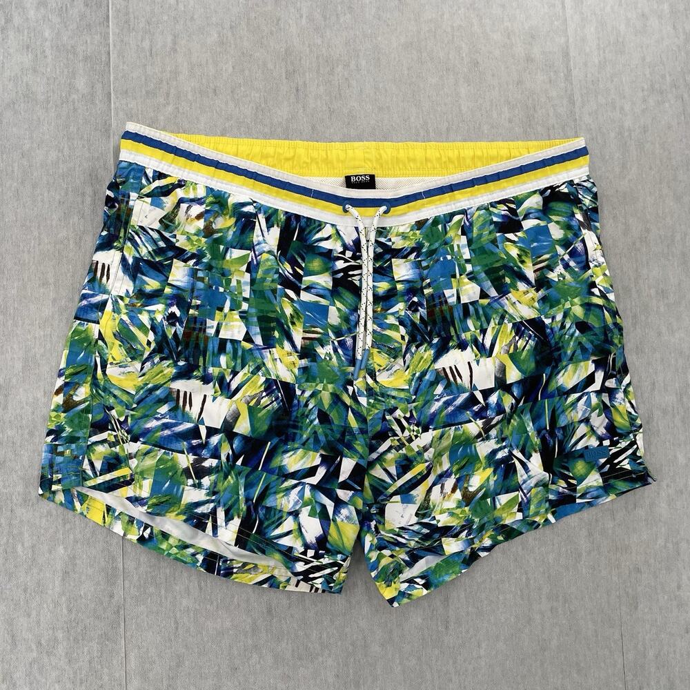 Hugo Boss Shorts Adult 2XL Green Blue Floral Swim Trunks Board Lined Mens XXL